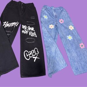 Girls Size 9 Denim Wide Leg Jeans Bundle 2 Pairs Graphic Prints Flowers Happy